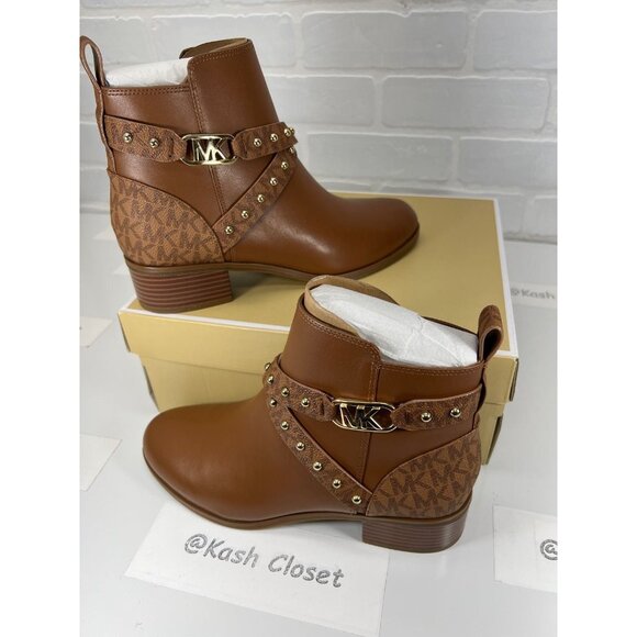 Michael Kors boots kincaid ankle boot leather studded logo boot luggage Size 7.5 - Picture 2 of 12